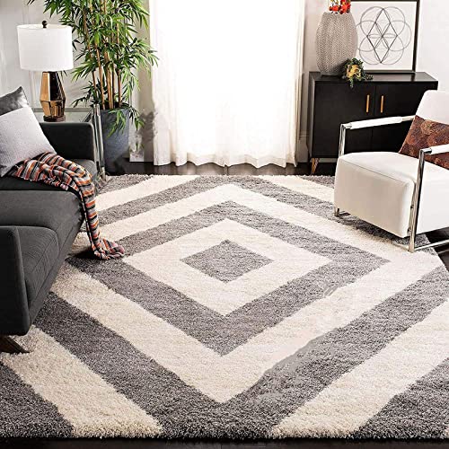 Elegant Cream and Grey Fluffy Moroccan Diamond Living Room Rug – Soft Touch with Anti-Slip Backing