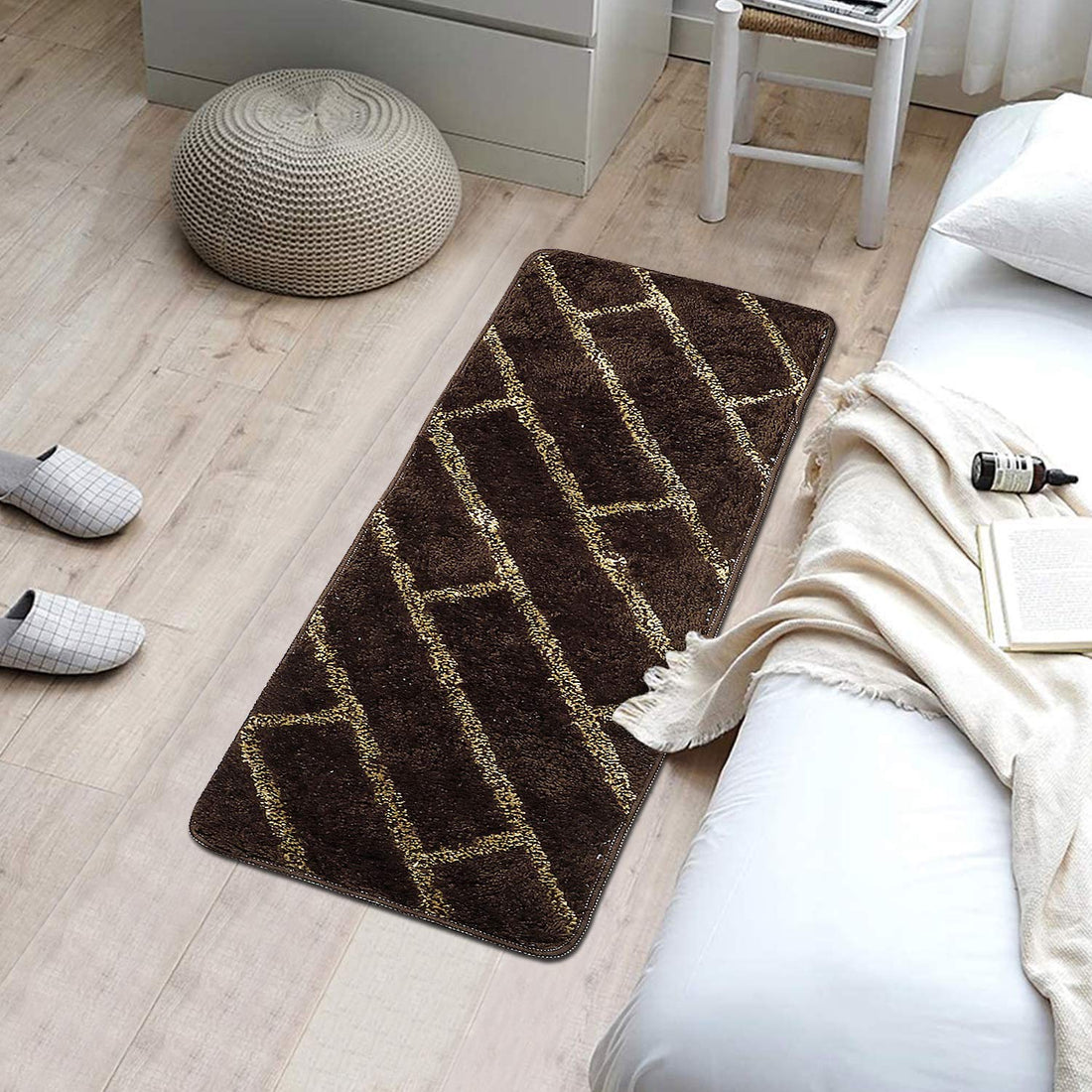 Coffee & Beige Hand crafted super Soft Bedside Runner - Soft Feel, Anti-Skid Backing