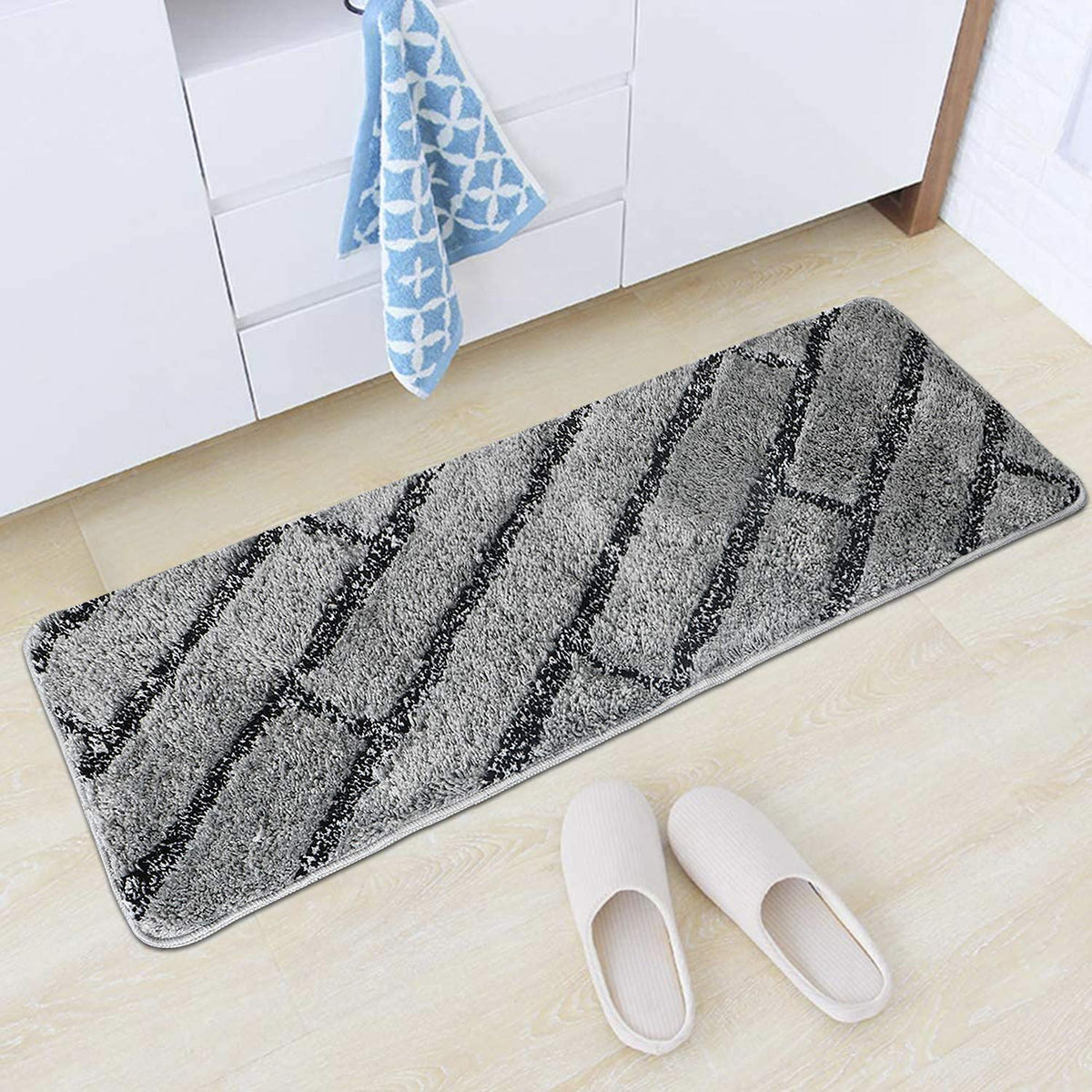 Grey & Black Super Soft Microfiber Polyester Shaggy Fluffy Hand tufted Runner - Soft Feel, Anti-Skid Backing