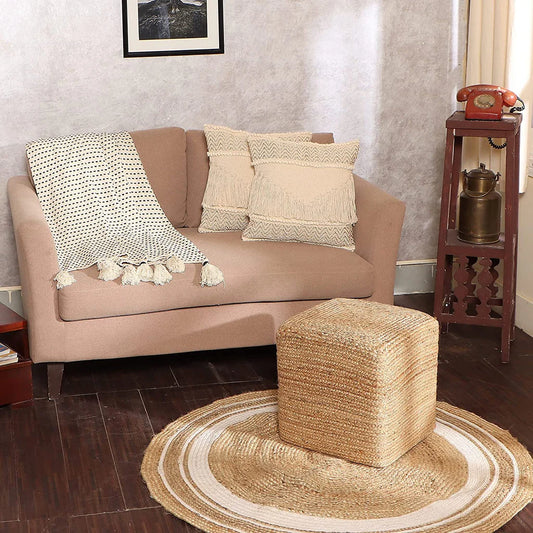 Premium Box Design Jute Pouf – Hand Braided Accent for Living Room & Bedroom