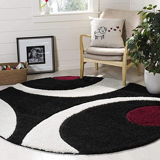 Ivory & Black - Premium Soft Modern Round Shaggy Rug