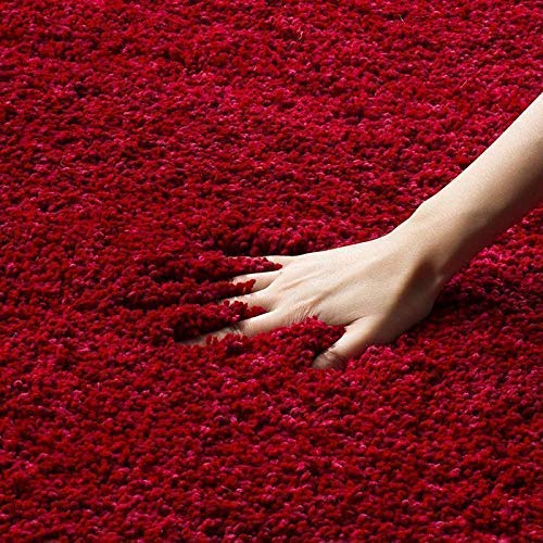 KashyapaRugs premium plain red round shaggy rug – bold rich red tone with 2-inch long pile, thick velvety plush texture for reading corners and living rooms, anti-skid backing