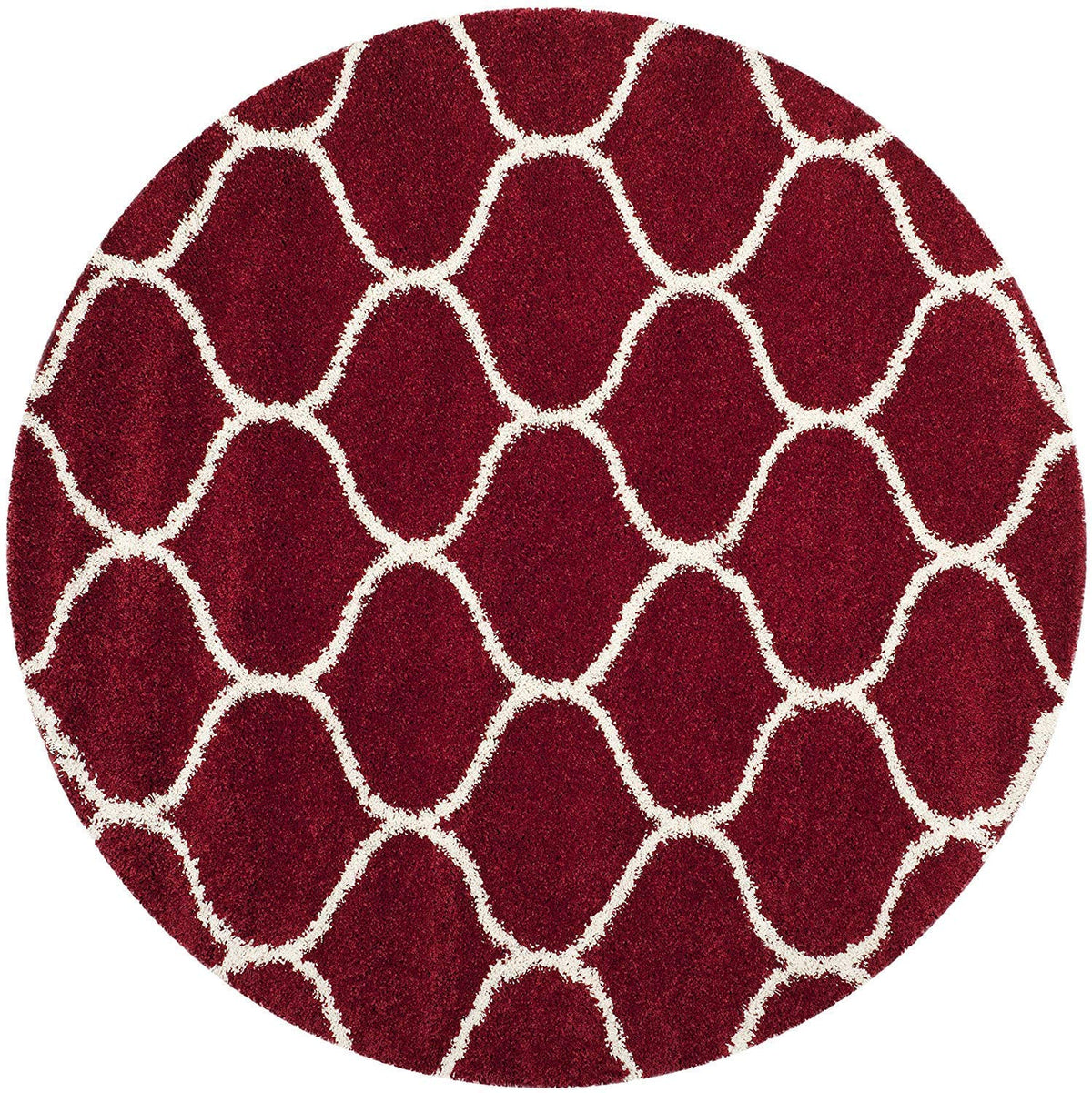 Red & White Luxury Moroccan Style Round Shaggy Rug – Extra Soft with Anti-Skid  Backing