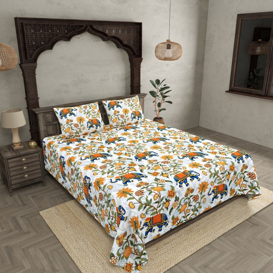 Kashyapa Rugs - Premium Blue Elephant 🐘Glace Cotton Fitted Bedsheet – Double Bed Size with 2 Pillow Covers