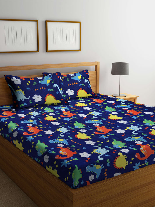 Kashyapa Rugs- Premium Glace Cotton Multi 🌈Cartoons🦕🦖Fitted Bedsheet – Doubel Bed Size with 2 Pillow Covers