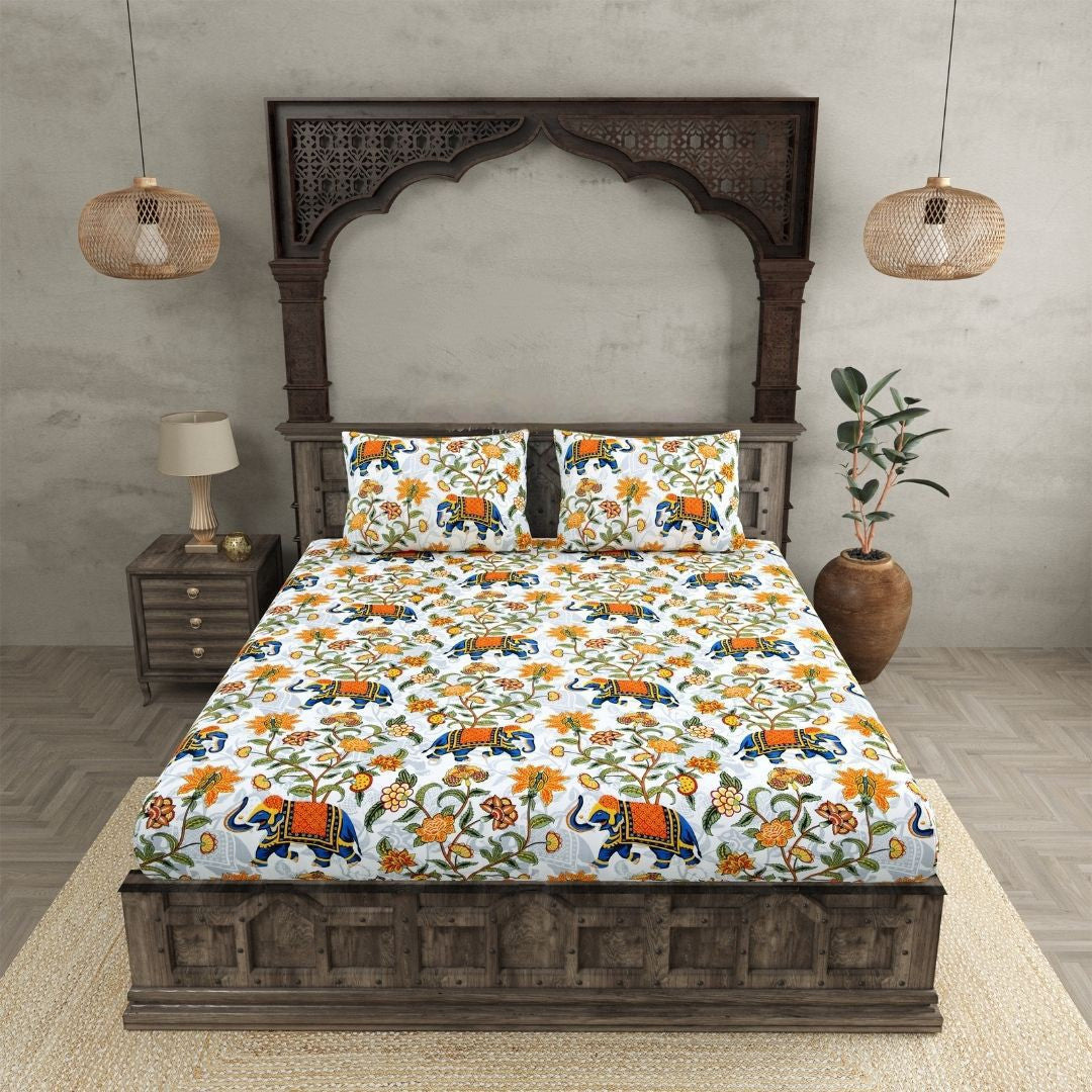 Kashyapa Rugs - Premium Blue Elephant 🐘Glace Cotton Fitted Bedsheet – Double Bed Size with 2 Pillow Covers