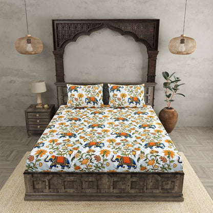 Kashyapa Rugs - Premium Blue Elephant 🐘Glace Cotton Fitted Bedsheet – Double Bed Size with 2 Pillow Covers