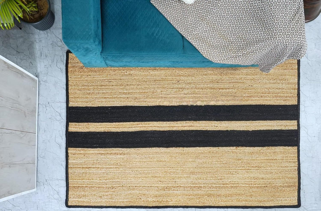 Kashyaparugs handwoven natural jute area rug with black double border stripe detail – braided texture, ideal for modern and boho interiors