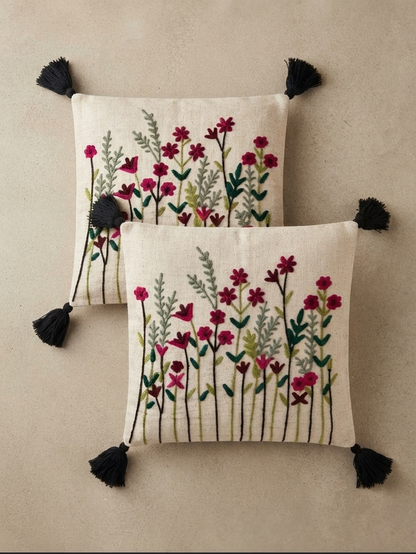 Hand Embroidered Wildflower Cushion Cover with Tassels | Colorful Floral Decorative Pillow Cover for Sofa & Living Room