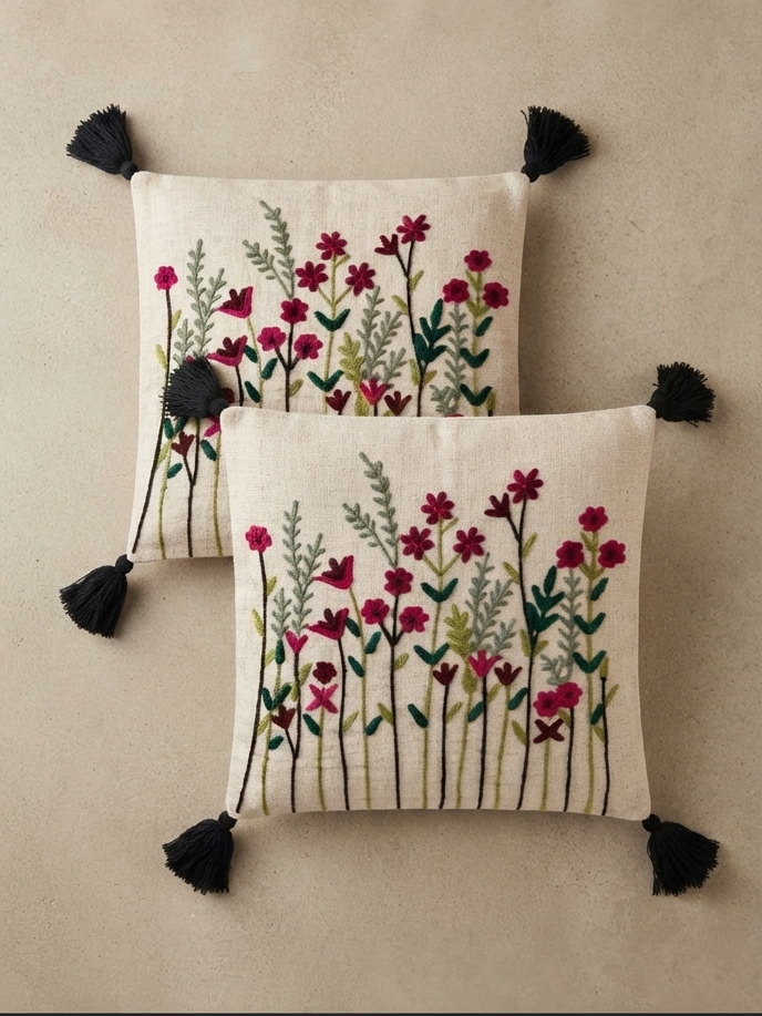 Hand Embroidered Wildflower Cushion Cover with Tassels | Colorful Floral Decorative Pillow Cover for Sofa & Living Room