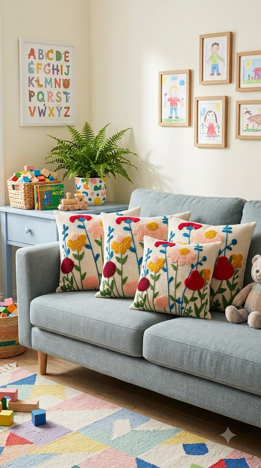 Multicolor Floral Embroidered Cushion Cover | Handcrafted Decorative Pillow Cover for Sofa & Living Room
