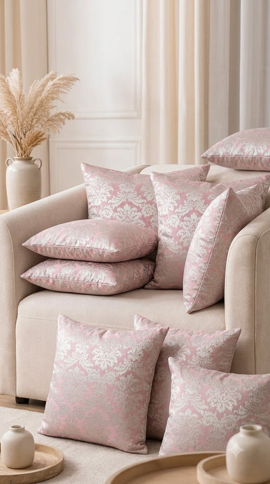 Pink & White Damask Embroidered Cushion Cover | Elegant Floral Decorative Pillow Cover for Sofa & Living Room