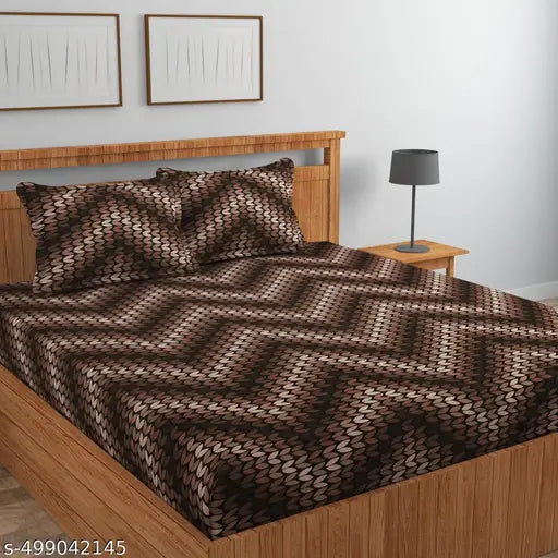 Kashyapa Rugs  Premium Cotton Brown beige Fitted Bedsheet – Double Bed Size with 2 Pillow Covers