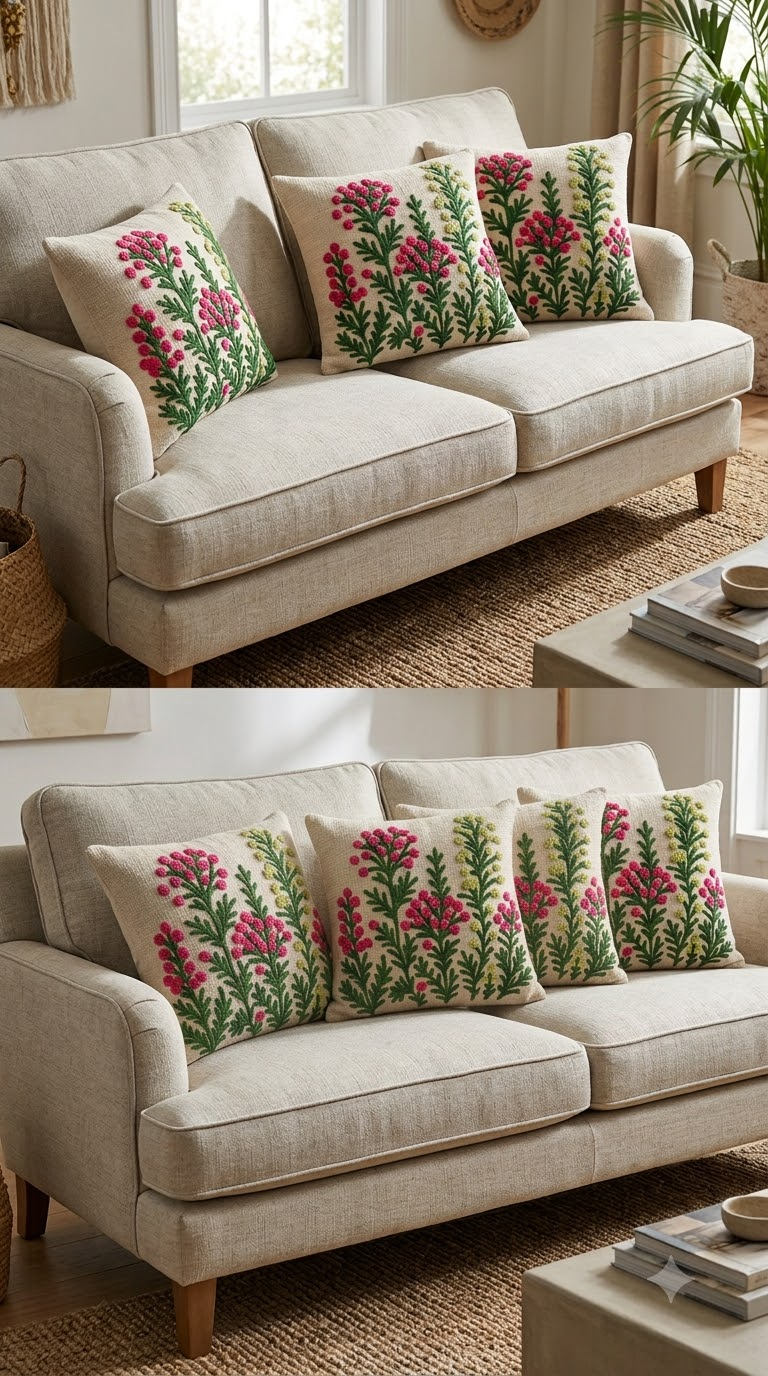 Pink & Green Botanical Embroidered Cushion Cover | Floral Decorative Pillow Cover for Sofa & Living Room