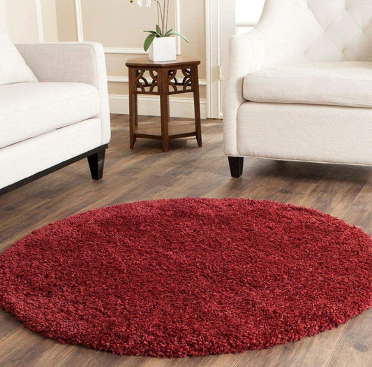 Maroon 2inch long pile Premium Microfiber Round Rug - Soft Feel, Anti-Skid Rubber Backing