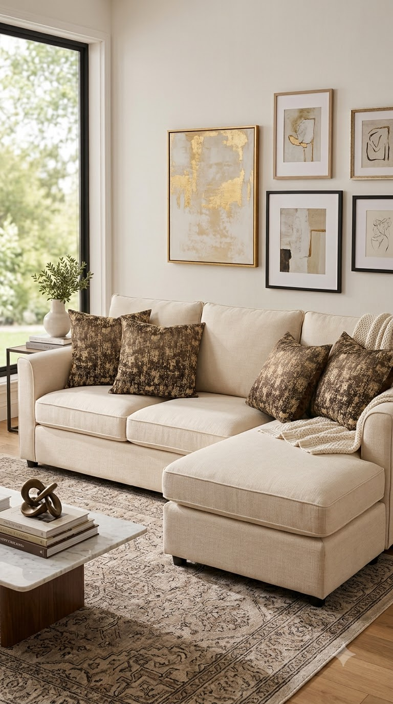 Brown & Gold Abstract Embroidered Cushion Cover | Elegant Decorative Pillow Cover for Sofa & Living Room