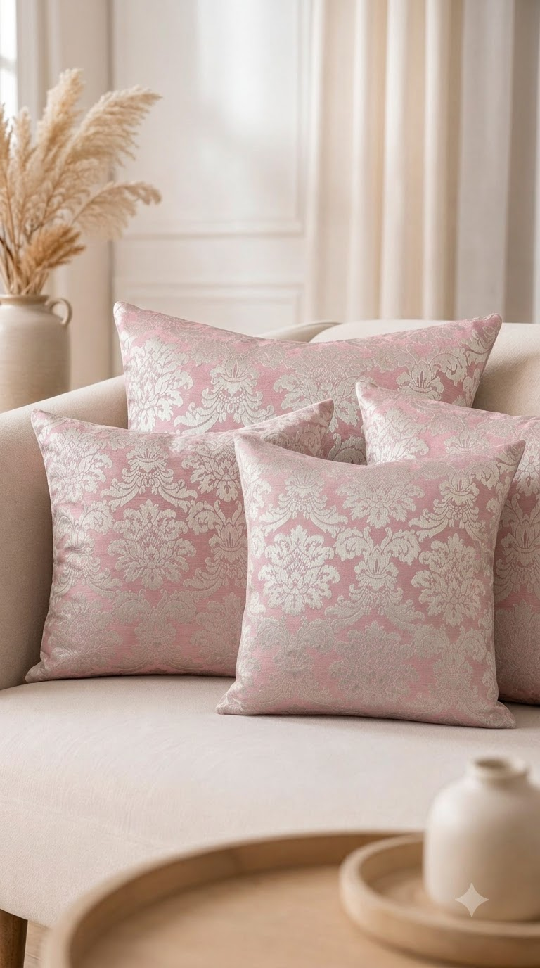 Pink & White Damask Embroidered Cushion Cover | Elegant Floral Decorative Pillow Cover for Sofa & Living Room