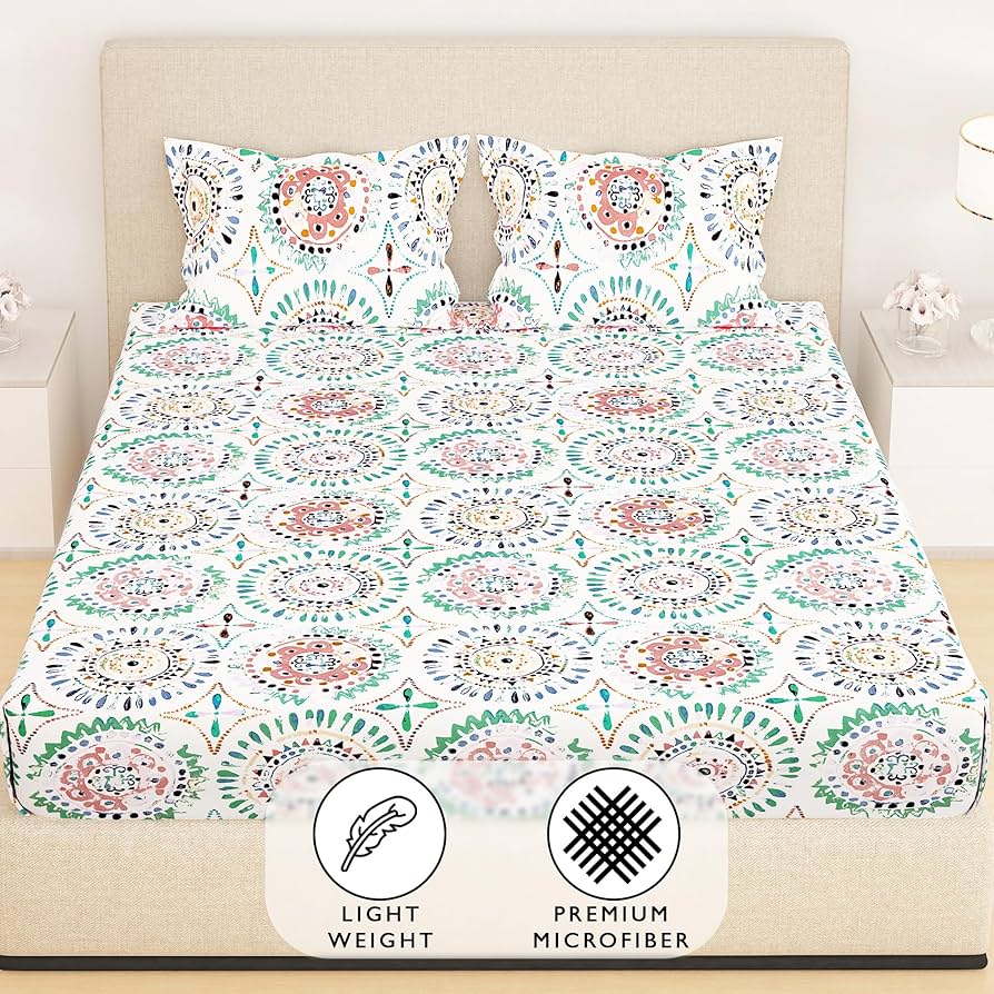 Kashyapa Rugs  Premium Glace Cotton Fitted Bedsheet – Double Bed Size with 2 Pillow Covers
