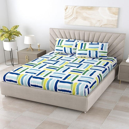 Kashyapa Rugs  Premium Cotton Multi Colours Sticks Fitted Bedsheet – Double Bed Size with 2 Pillow Covers