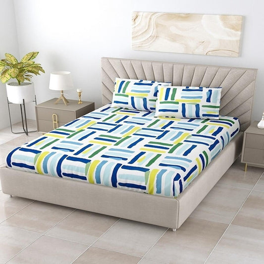 Kashyapa Rugs  Premium Cotton Multi Colours Sticks Fitted Bedsheet – Double Bed Size with 2 Pillow Covers