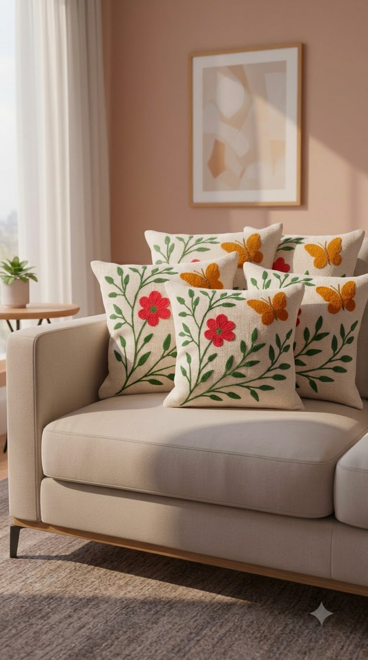 Pink & Green Floral Embroidered Cushion Cover | Decorative Throw Pillow Cover for Sofa & Living Room