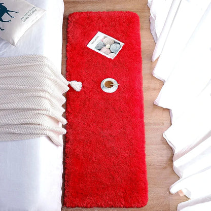 2 inch long pile Extra Fluffy Beautiful Red Premium Microfiber Bedside Runner - Soft Feel, Anti-Skid Rubber Backing