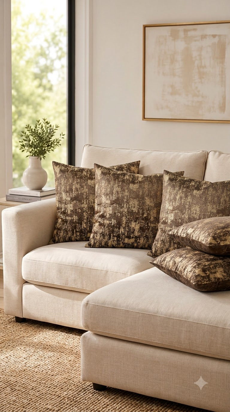 Brown & Gold Abstract Embroidered Cushion Cover | Elegant Decorative Pillow Cover for Sofa & Living Room