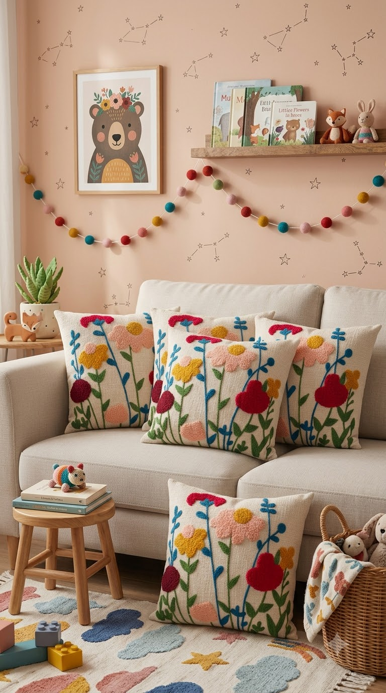 Multicolor Floral Embroidered Cushion Cover | Handcrafted Decorative Pillow Cover for Sofa & Living Room