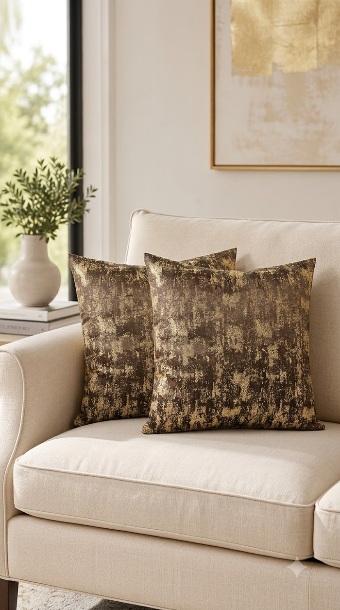 Brown & Gold Abstract Embroidered Cushion Cover | Elegant Decorative Pillow Cover for Sofa & Living Room