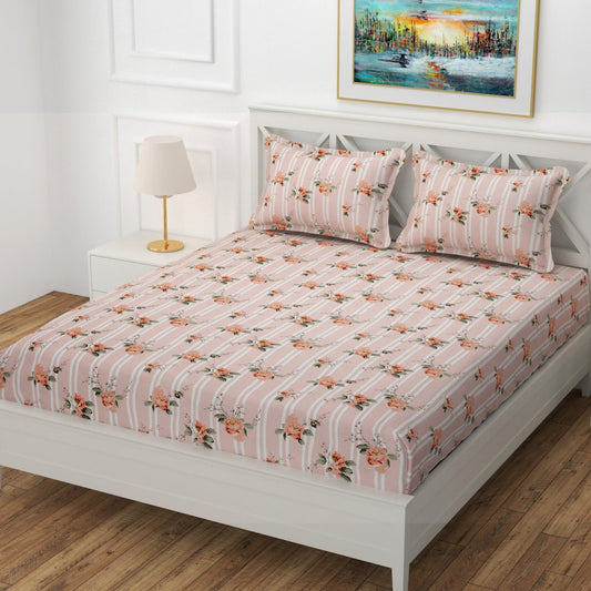 Kashyapa Rugs  Premium Cotton Pink line Fitted Bedsheet – Double Bed Size with 2 Pillow Covers