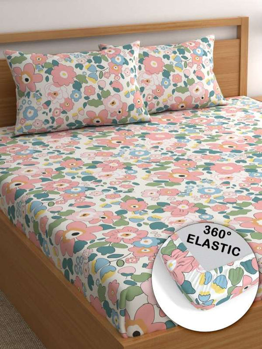Kashyapa Rugs  Premium Cotton Pink Flower Fitted Bedsheet –  Double Bed Size with 2 Pillow Covers