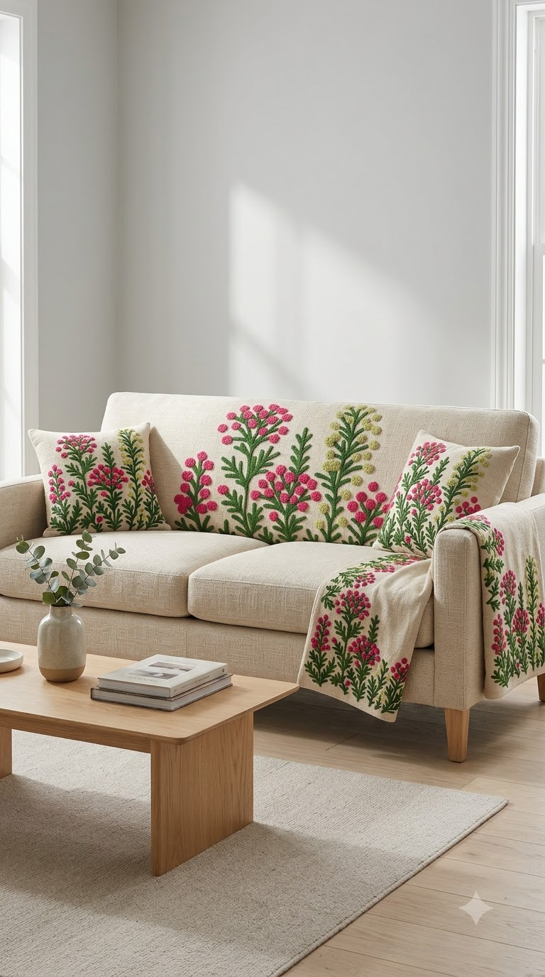 Pink & Green Botanical Embroidered Cushion Cover | Floral Decorative Pillow Cover for Sofa & Living Room