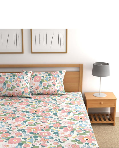 Kashyapa Rugs  Premium Cotton Pink Flower Fitted Bedsheet –  Double Bed Size with 2 Pillow Covers