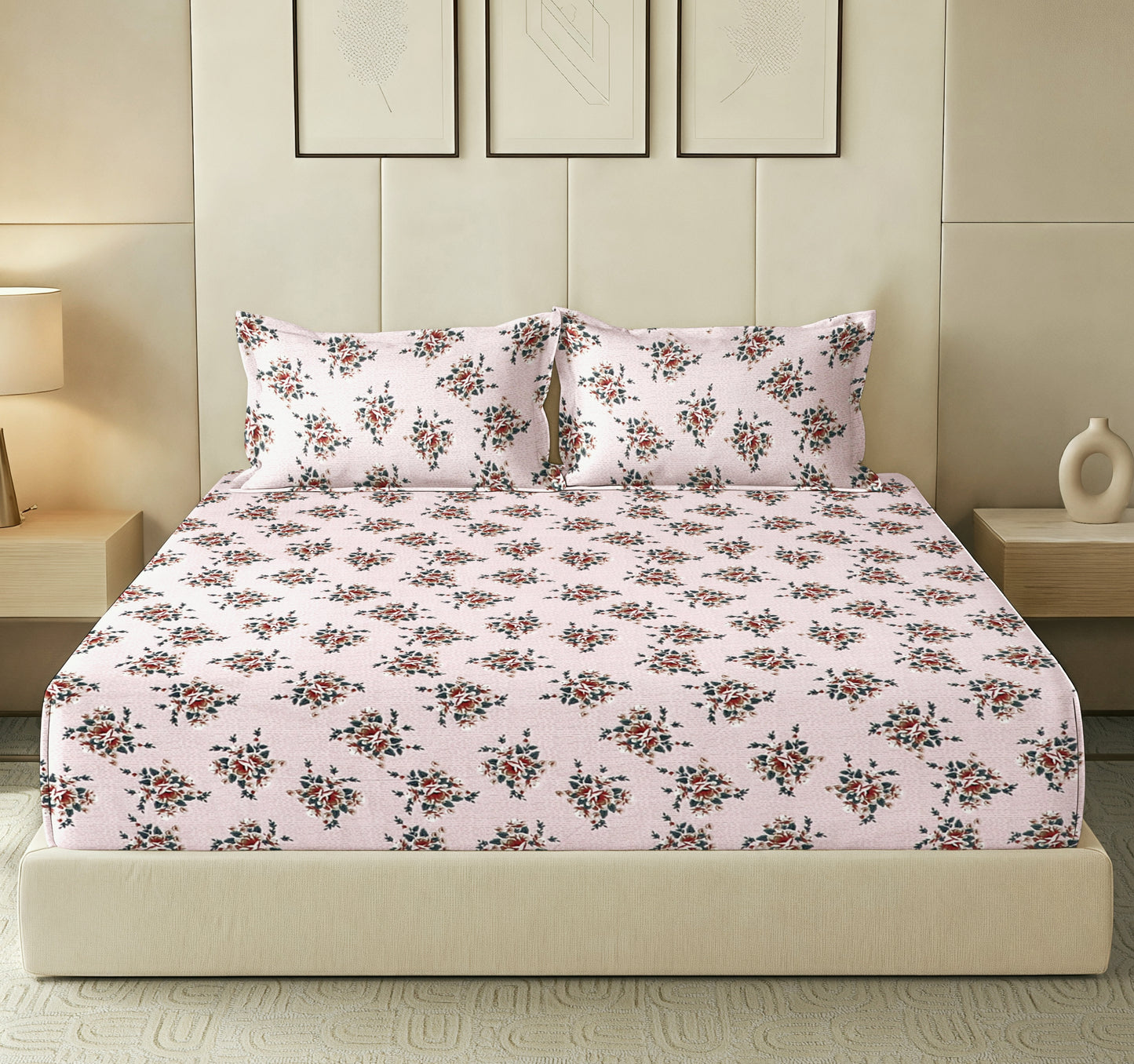 Kashyapa Rugs  Premium glace Cotton light Pink Flat Bedsheet – Double Bed Size with 2 Pillow Covers