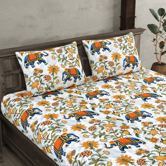 Kashyapa Rugs - Premium Blue Elephant 🐘Glace Cotton Fitted Bedsheet – Double Bed Size with 2 Pillow Covers