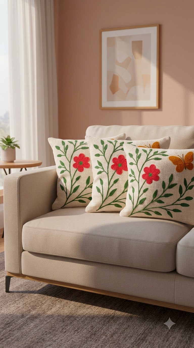 Pink & Green Floral Embroidered Cushion Cover | Decorative Throw Pillow Cover for Sofa & Living Room