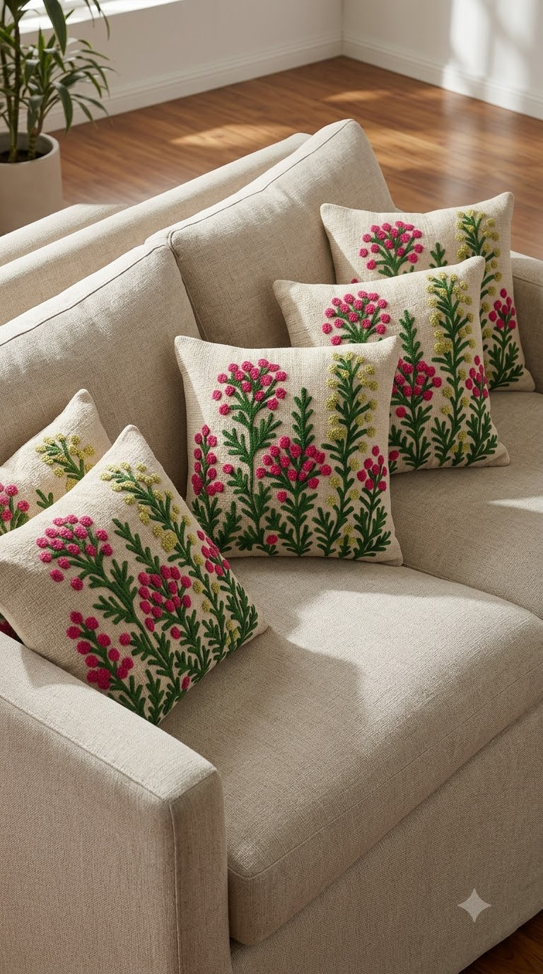 Pink & Green Botanical Embroidered Cushion Cover | Floral Decorative Pillow Cover for Sofa & Living Room