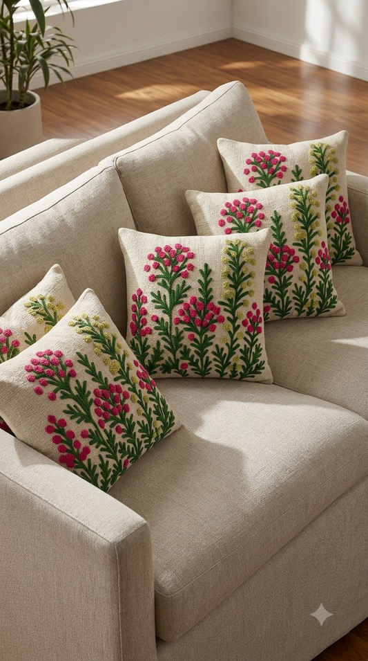 Pink & Green Botanical Embroidered Cushion Cover | Floral Decorative Pillow Cover for Sofa & Living Room