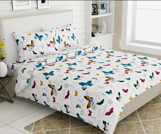 Kashyapa Rugs- Premium Glace Cotton 🦋 Butterfly Design 🐝 Fitted Bedsheet – Double Bed Size with 2 Pillow Covers