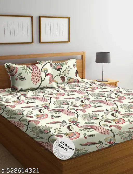 Kashyapa Rugs  Premium Cotton White Peacock 🦚 Fitted Bedsheet – Double Bed Size with 2 Pillow Covers