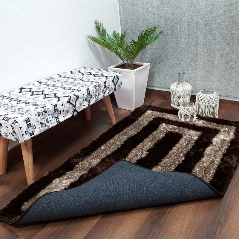 Brown & Beige Square Pattern Shaggy Rug – Soft Feel with Anti-Skid Backing