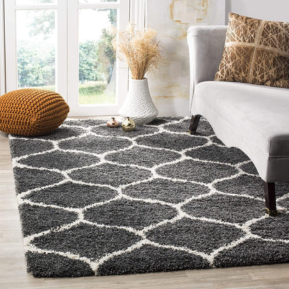 Kashyapa Rugs Collection- Micro Moroccan Lattice Carpet In Dark Grey And ivory.