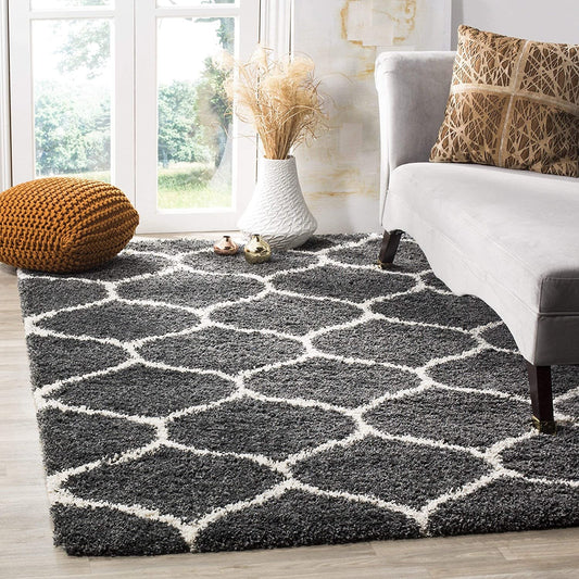 Premium Dark Grey and Ivory Moroccan Pattern Microfiber Rug – Plush Comfort, Non-Slip Base